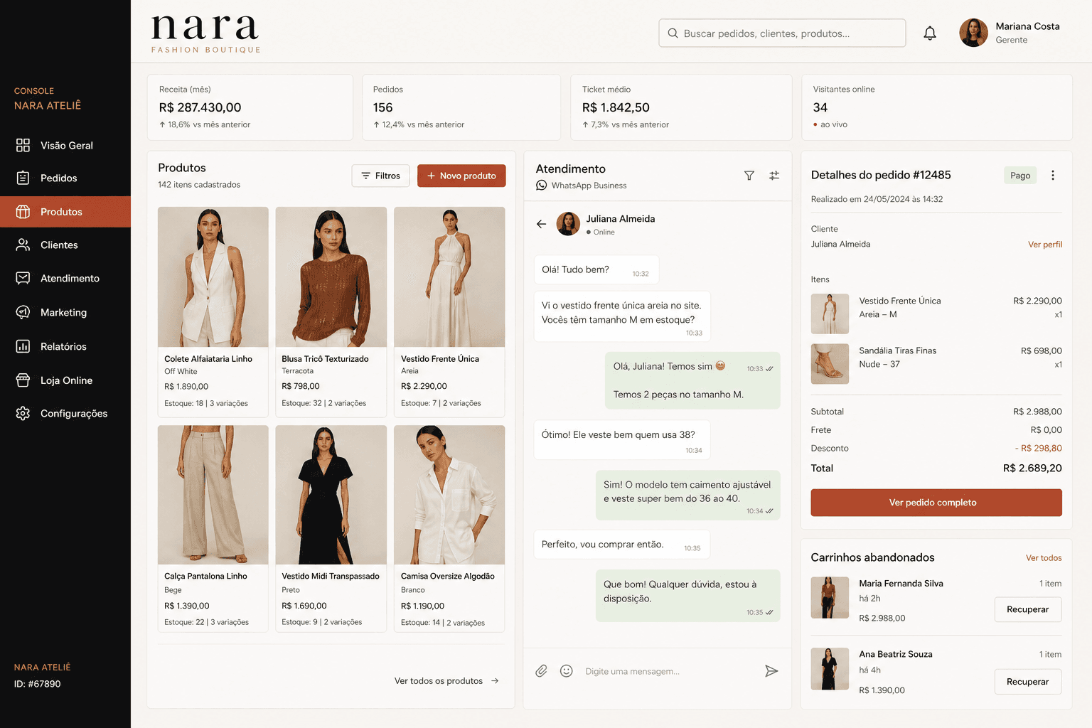 Loja de moda: Agente de atendimento conectado a catálogo, estoque, pedido e recuperação de carrinho.